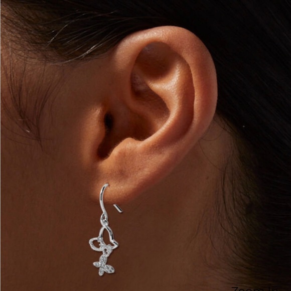 SILVER-TONE CUBIC ZIRCONIA DOUBLE BUTTERFLY 1" DROP EARRINGS - Picture 2 of 2